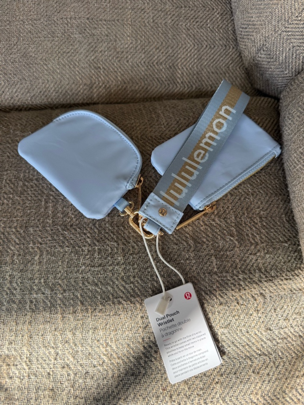 lululemon light blue dual zip pouch with gold hardware